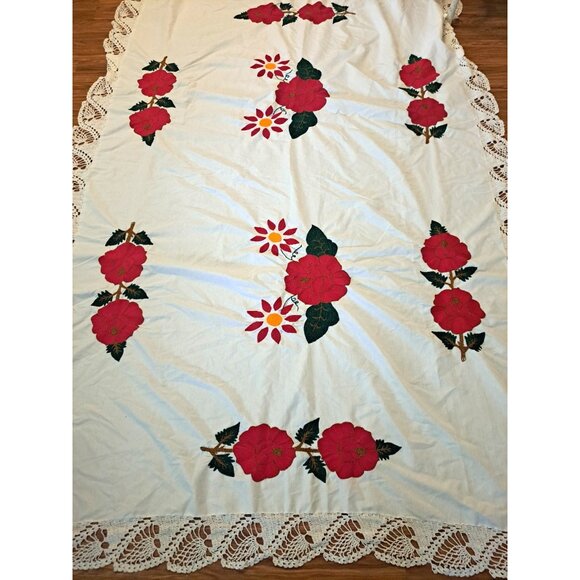 Handmade Red Rose & Daisy Applique Quilt Full Crochet Lace Trim Country 87x59 - Picture 2 of 8